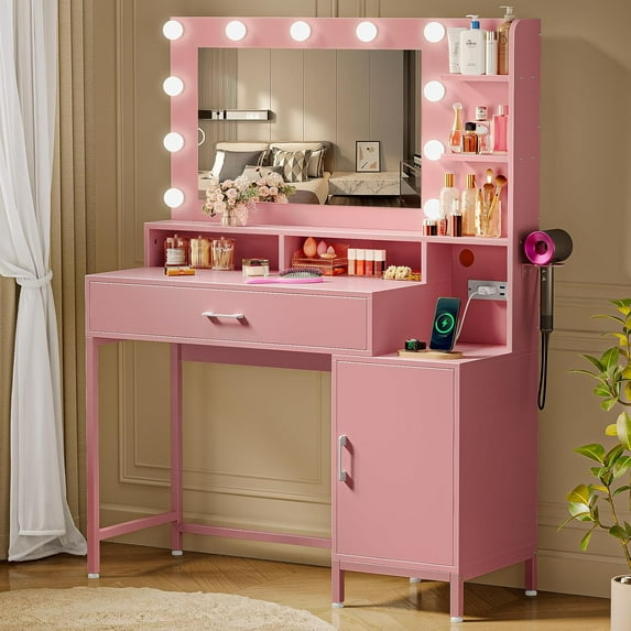 Vanity Desk with Mirror and Lights, Makeup Vanity with Storage Drawer, Power Outlet and Large Cabinet for Bedroom - Pink