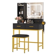 Vanity Desk with Mirror and Lights,Modern Vanity Table with 4 Drawers, 2 Shelves, 3 Light Modes & Charging Station for Bedroom