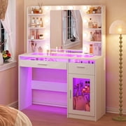 Vanity Desk with Mirror and Lights 3 Colors, 35.4 Makeup Table with 2 Rgb Drawers, 6 Shelves, Power Outlet