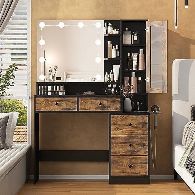 Vanity Desk with Mirror and Lights Vanity Table with Power Strip and 3