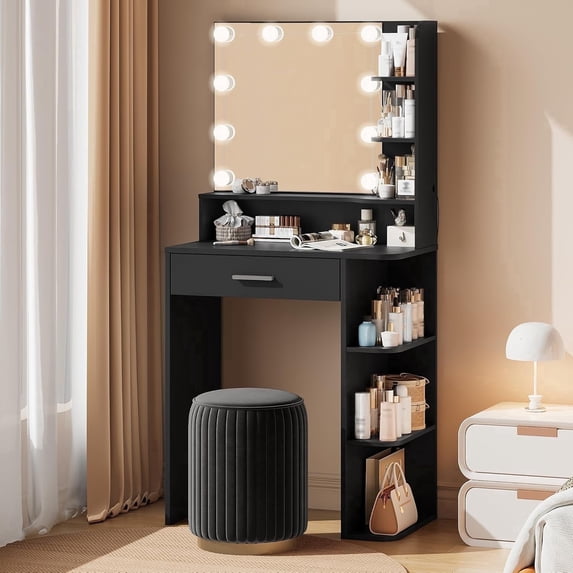 Vanity Desk with Mirror and Lights, Akaber 26.4" Makeup Vanity with Large Drawer, 6 Storage Levels, Small Black Vanity Desk with Large LED Mirror