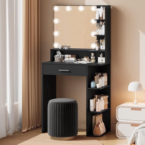 Vanity Desk with Mirror and Lights, Akaber 26.4" Makeup Vanity with Large Drawer, 6 Storage Levels, Small Black Vanity Desk with Large LED Mirror