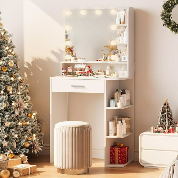 Vanity Desk with Mirror and Lights, Wanan 26.4" Makeup Vanity with Large Drawer, 6 Storage Levels, Small White Vanity Desk with Large LED Mirror