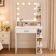 Vanity Desk with Mirror and Lights, Akaber 26.4" Makeup Vanity with Large Drawer, 6 Storage Levels, Small White Vanity Desk with Large LED Mirror