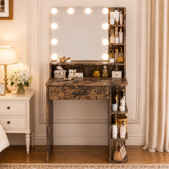 Vanity Desk with Mirror and Lights, Akaber Small Makeup Vanity with Large Drawer