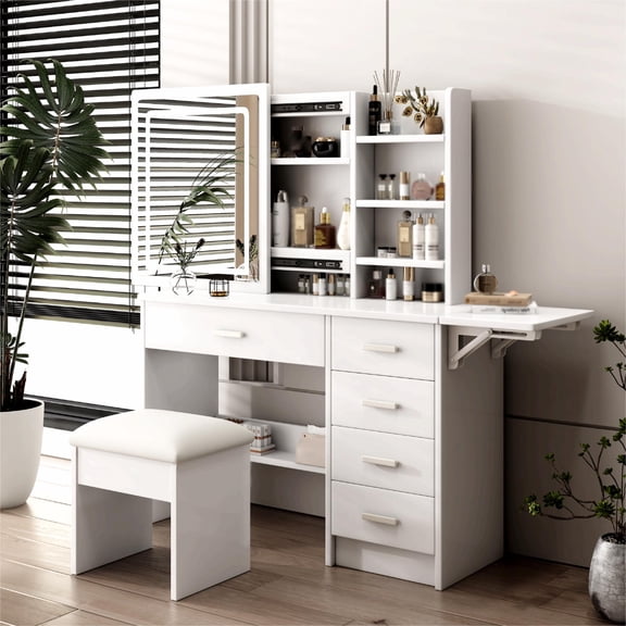 Vanity Desk with Mirror and Lights,White Makeup Table with open shelves and Chair with 3 Color Lighting Brightness Adjustable, 5 Drawers