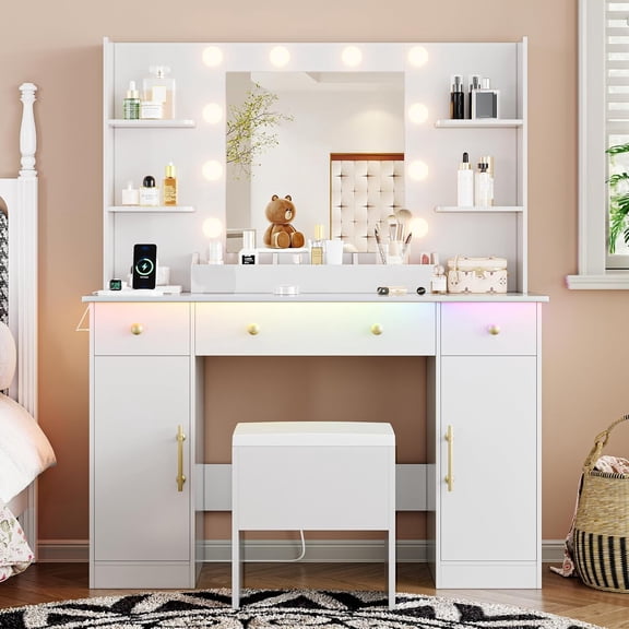 FANRAL 43'' Vanity Desk with 10 Lights & Under-Table RGB Strip,Built-in Power Outlets,Cushioned Stool & Large Storage,Dressing Table for Bedroom Bathroom Grooming,White Vanity