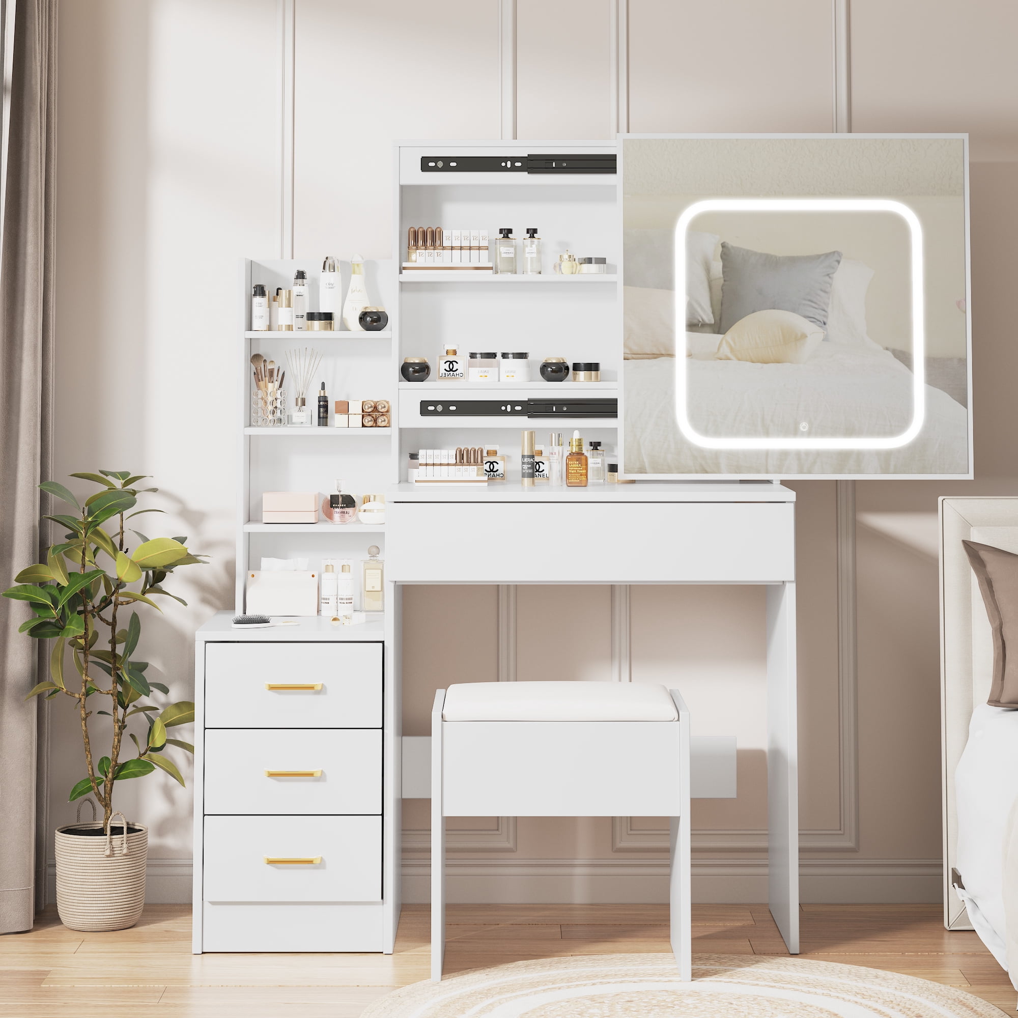 Vanity Desk with Sliding LED Mirror & 3-Color Light – 4 Drawers
