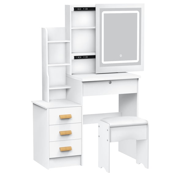 Vanity Desk with Sliding Lighted Mirror, 31.5" Makeup Table with 4 Drawers & Hidden Storage, Modern Dressing Table for Bedroom, Small Spaces