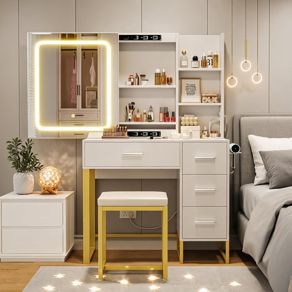 Vanity Desk with Sliding Lighted Mirror, 4 Drawers, Shelves, Built-in Power Outlet and Cushioned Stool