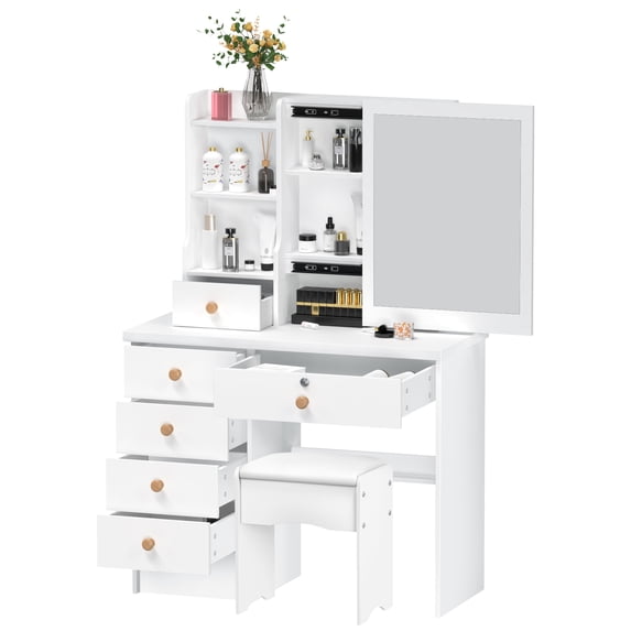 Vanity Desk with Sliding Mirror, Bedroom Dressing Table, Makeup Desk with 6 Drawers, Open Shelves, Hidden Storage Space