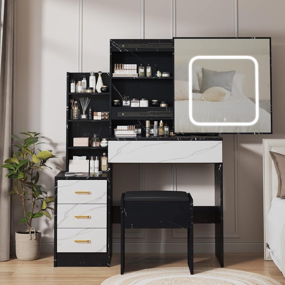 Vanity Desk with Sliding Mirror and Led Lights, Vanity Table with Power Outlet