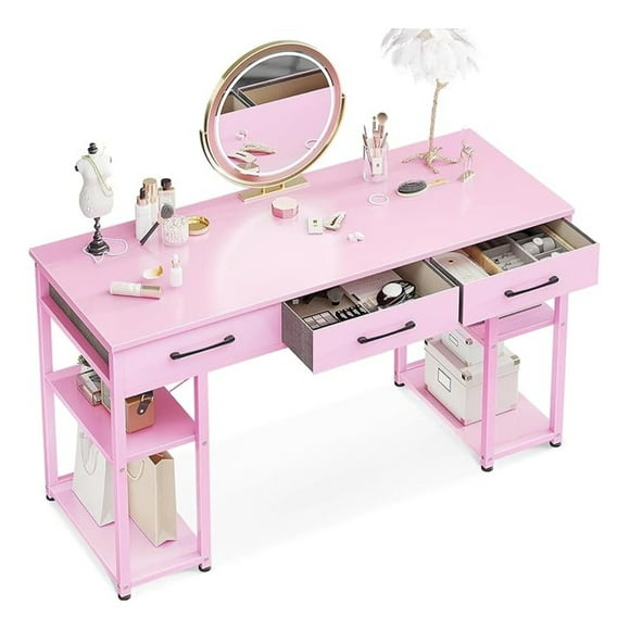Vanity Desk with Storage, Makeup Desk for Bedroom, Home Office Writing Desk with Drawers & Shelves, Modern Simple Desk, Pink