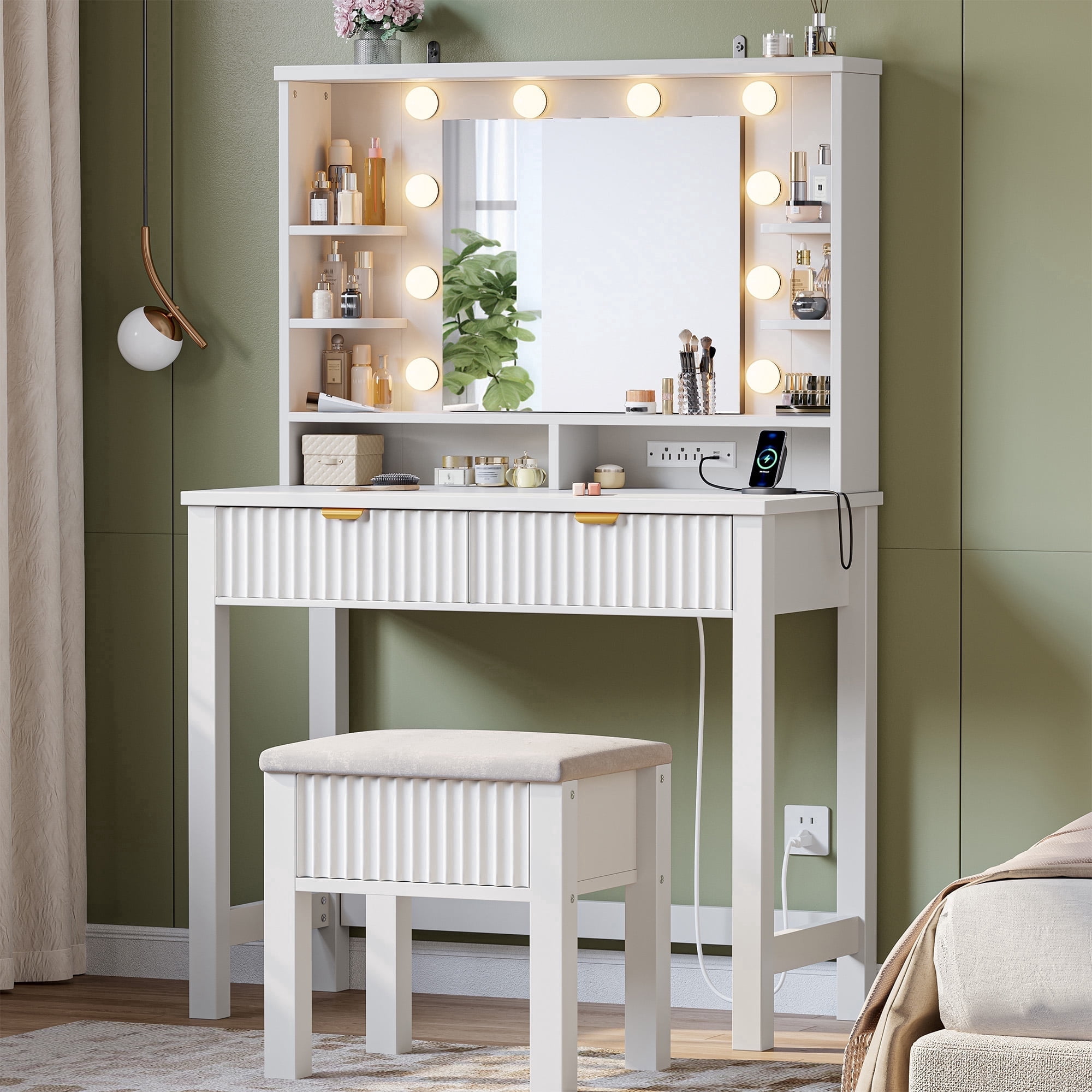 Vanity Desk with Storage Stool Fluted Dressing Table with Mirror and 3-Color Lights Vanity with 2 Large Drawers & Charging Station, White