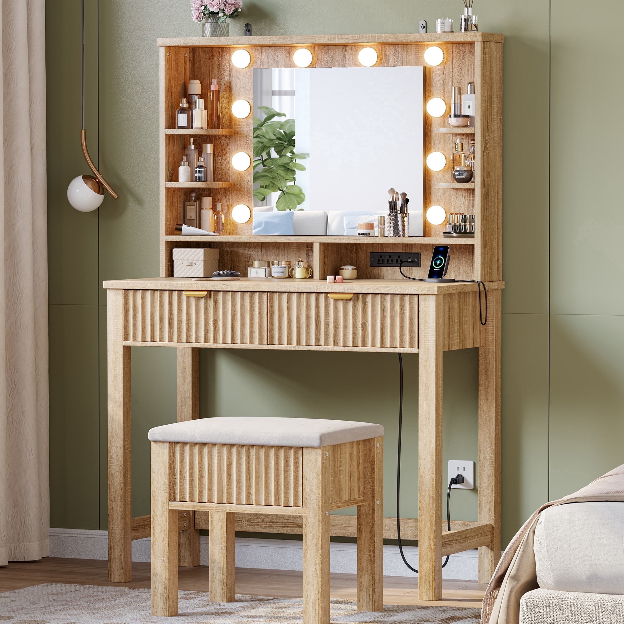 Vanity Desk With Storage Stool Fluted Dressing Table With Mirror And 3 Color Lights Small Vanity With 2 Large Drawers Charging Station Wood Color: An Honest Look