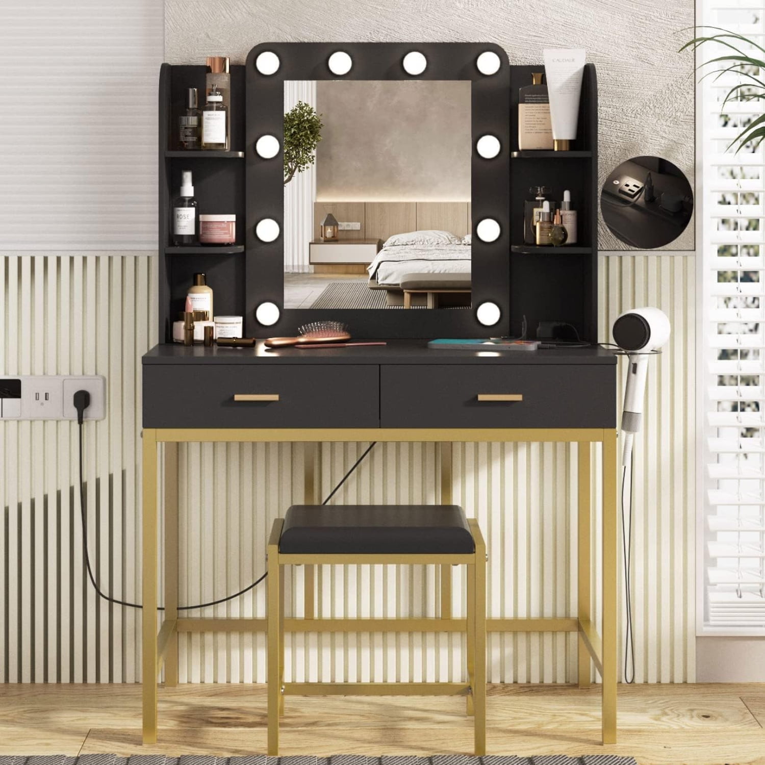 Vanity Desk with Vanity with Strip Dressing Set with 2 Large Drawers