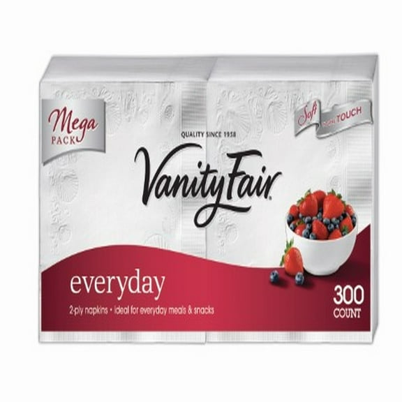 Vanity Fair 2-Ply Everyday Napkins, 13" X 6", White (Pack of 18)