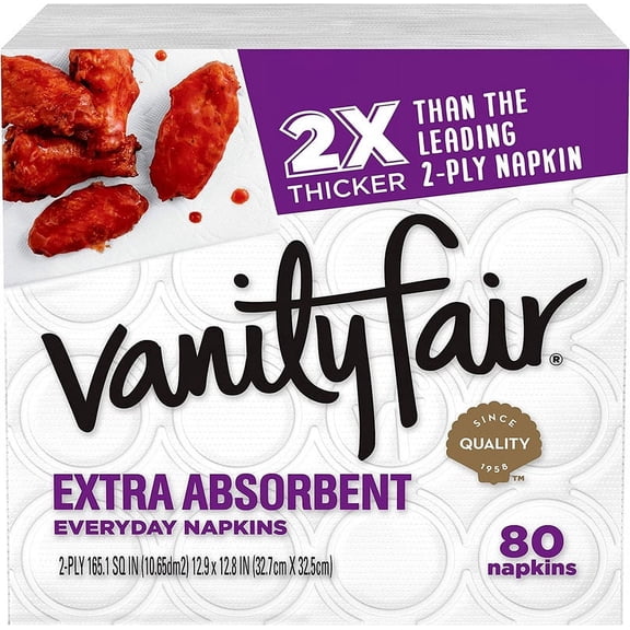 Vanity Fair Extra Absorbent Paper Napkins, 80 2-Ply Disposable Napkins for Messy Meals