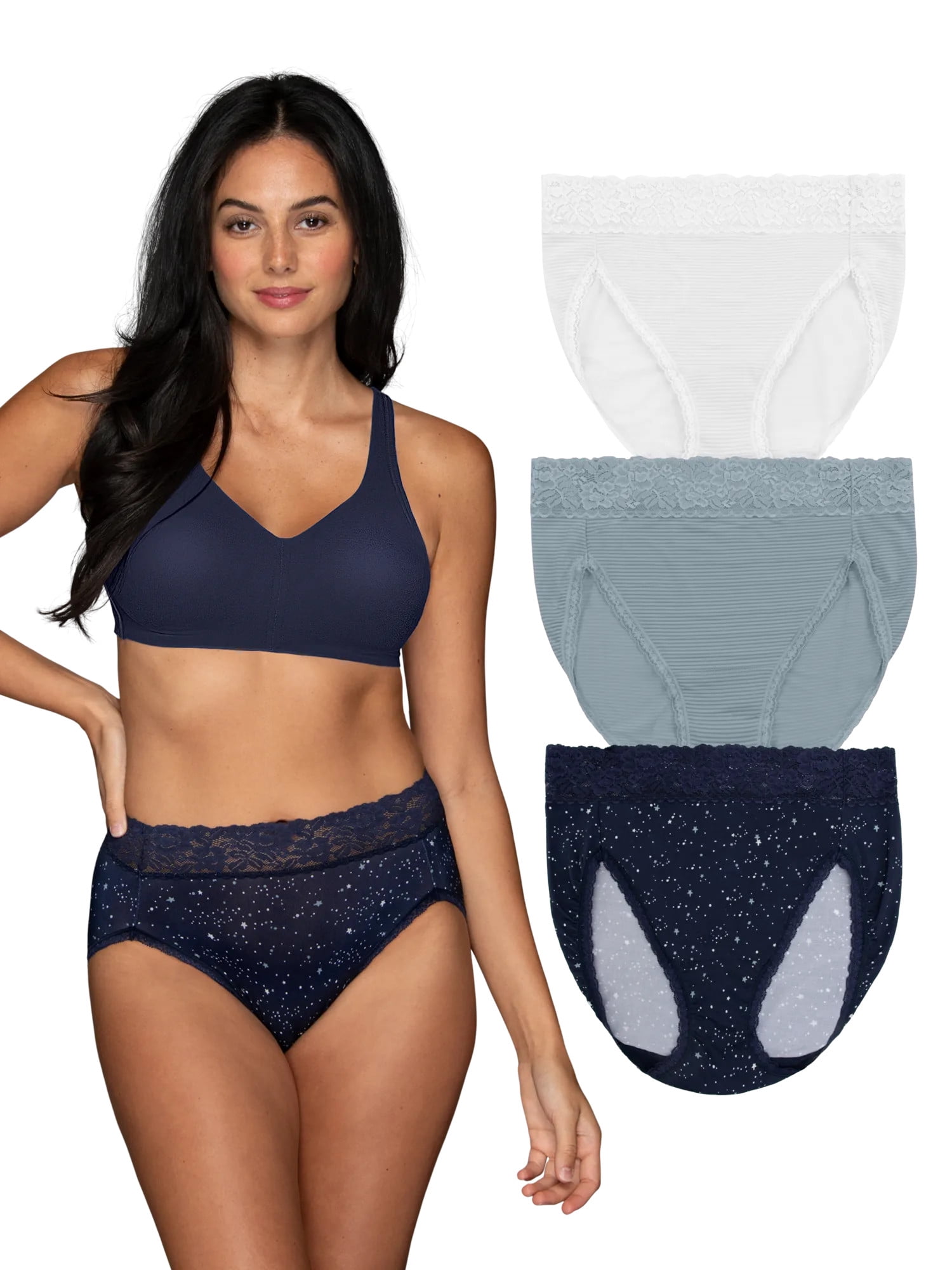 Vanity Fair Radiant Women's Light and Luxe Hi-Cut Brief Underwear - Stretch Lace Waistband, 3-Pack, Sizes S-5XL