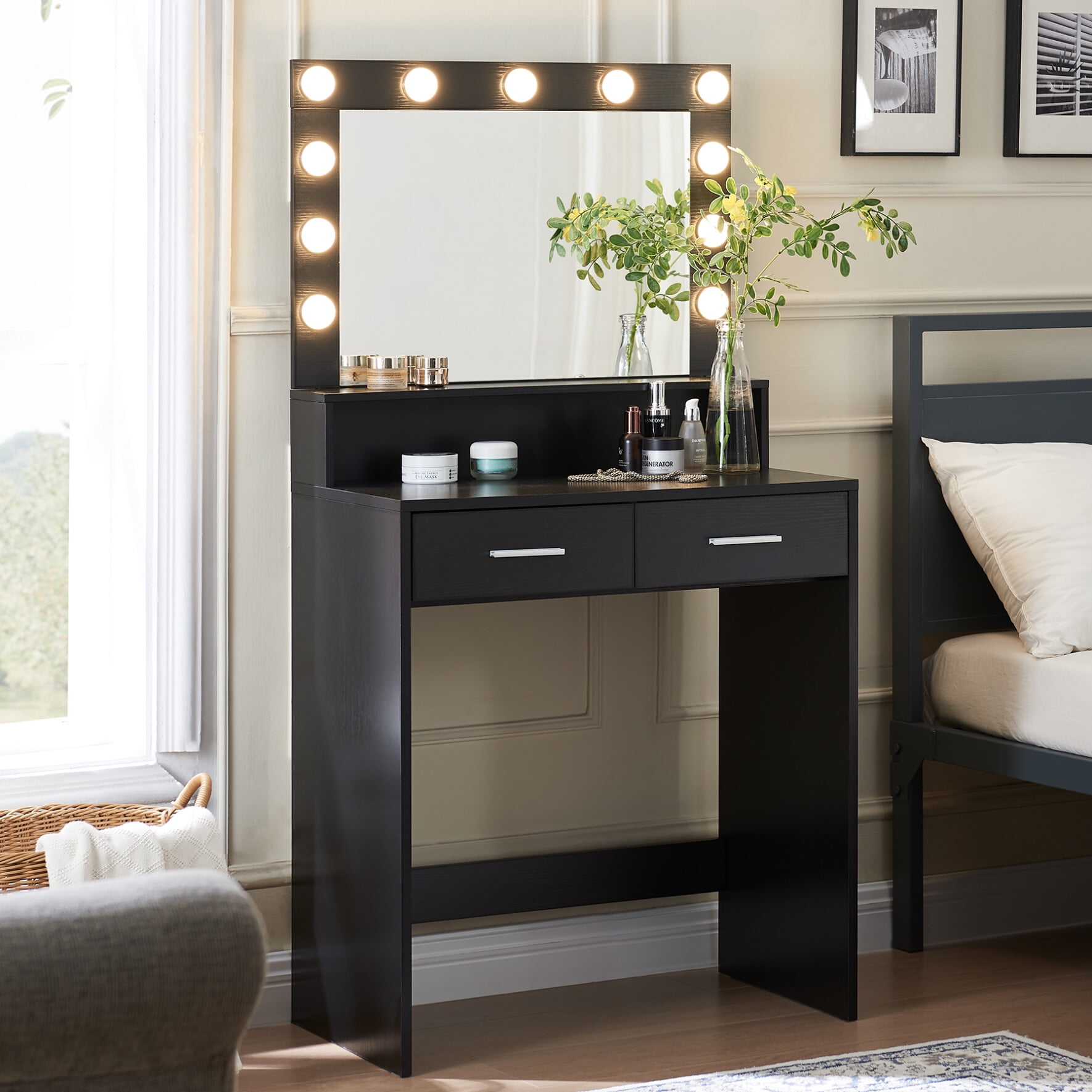 Whizmax Makeup Vanity Desk Vanity Table Set Touch Controlled Mirror with 3 Lighting Modes 11 Bulbs Retro Dressing Table with 2 Spacious Drawers Black