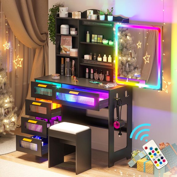 Vanity with LED Mirror, 6 Drawer Dresser with Charging Station for Bedroom, Small Makeup Vanitys Table with RGB Light, Vanity Set with Chair,Jewelry Organizer for Girls-Black