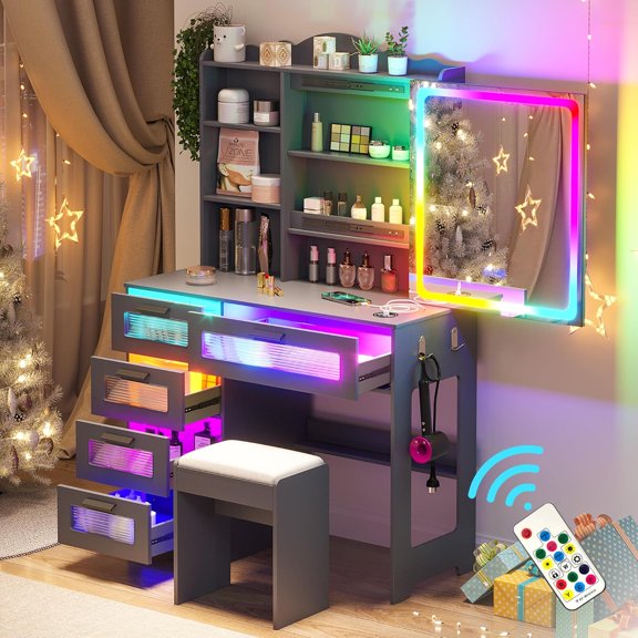 Vanity with LED Mirror, 6 Drawer Dresser with Charging Station for Bedroom, Small Makeup Vanitys Table with RGB Light, Vanity Set with Chair,Jewelry Organizer for Girls-Grey