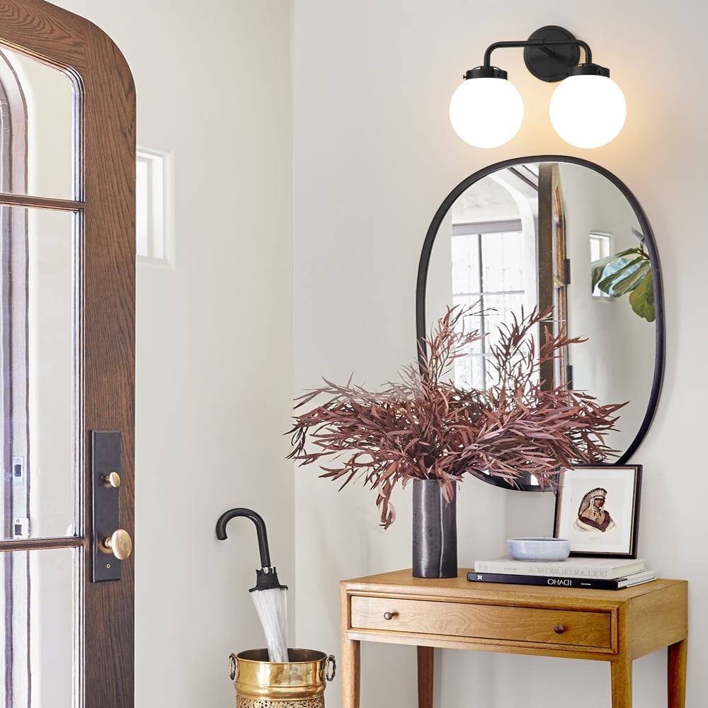 Deyidn 2-Light Modern Vanity Light, Black Bathroom Light Fixture with Milk White Glass Globes, 45 Inch Bathroom Wall Sconce for Mirror
