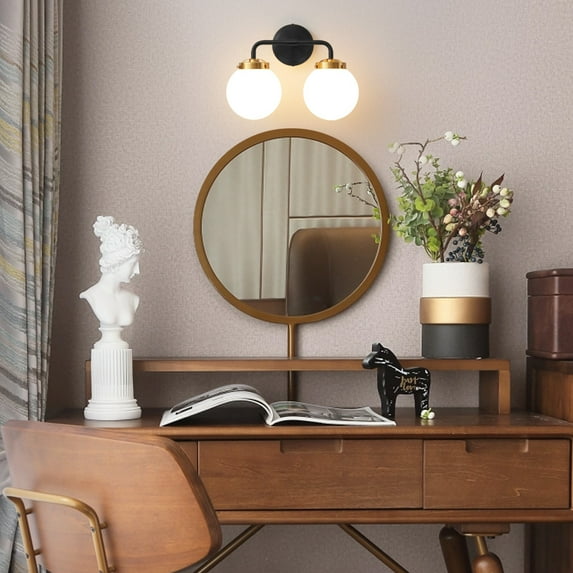 Vanity Light 2 Light Black Gold Globe Mordern Bathroom Fixture with White Globe Shade Above Mirror