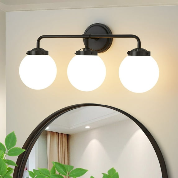 Vanity Light 3-Light Black Globe Mordern Bathroom Light Fixtures Over Mirror with White Globe Shade