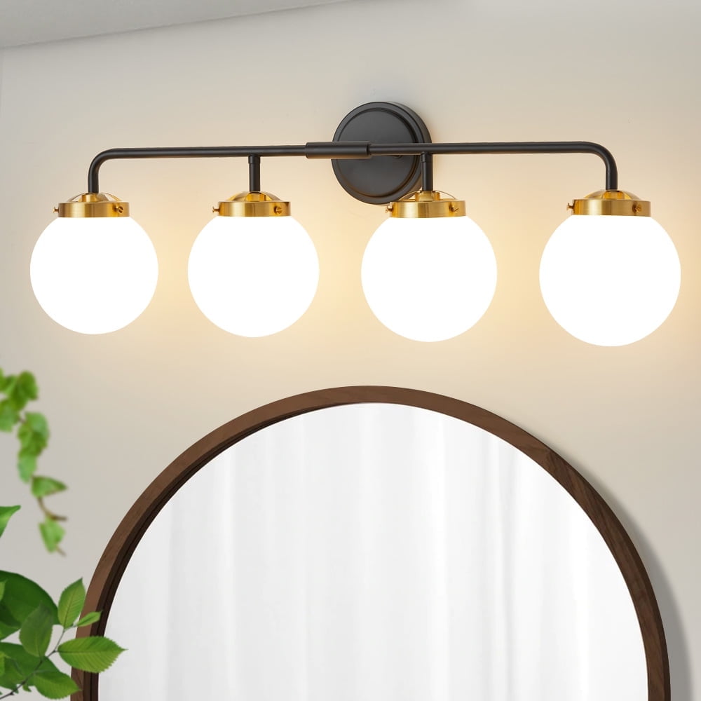 Vanity Light 4-Light Black Gold Globe Mordern Bathroom Light Fixtures Over Mirror with White Globe Shade