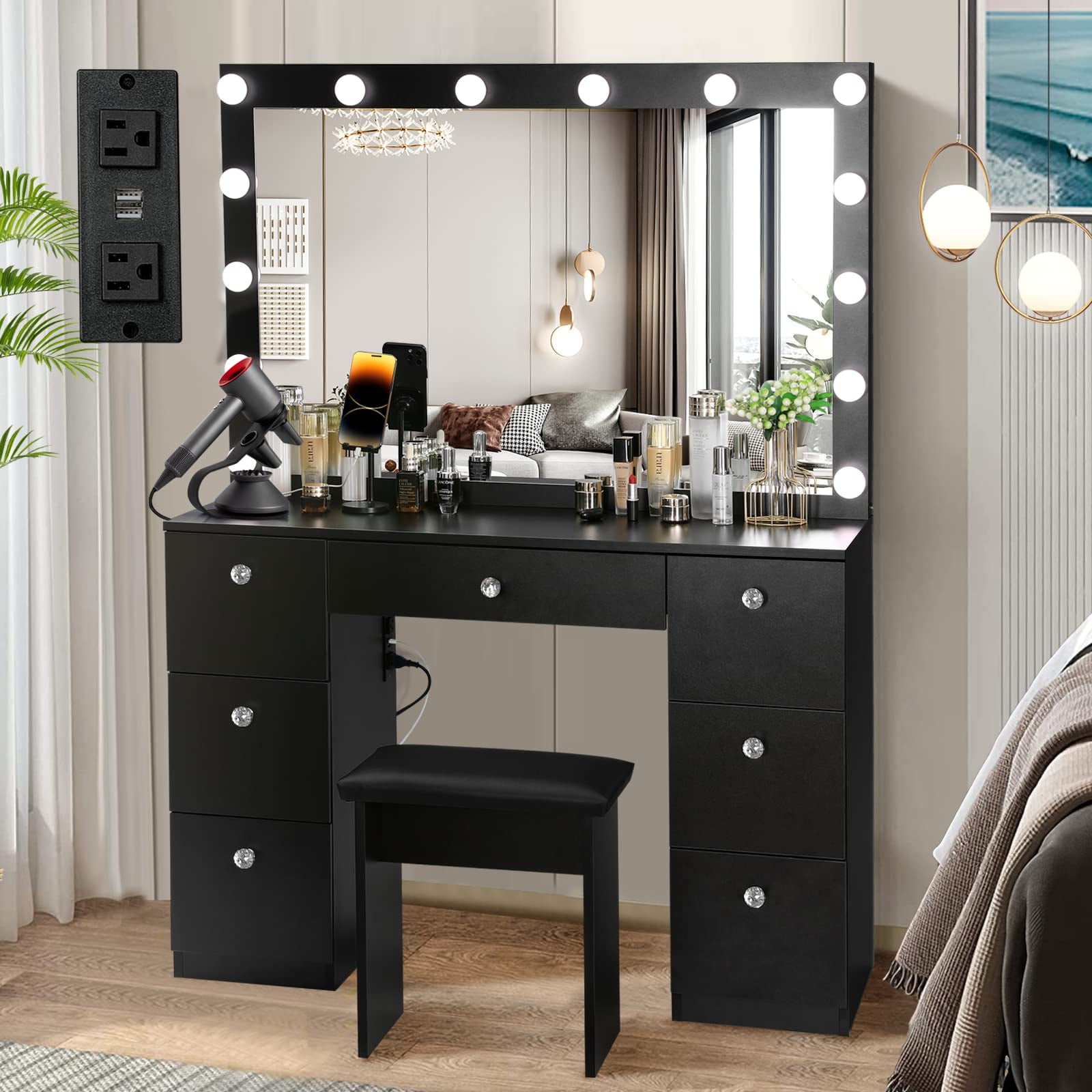 Vanity with Lighted Mirror Crystal Ball Handles Power Outlet and LED
