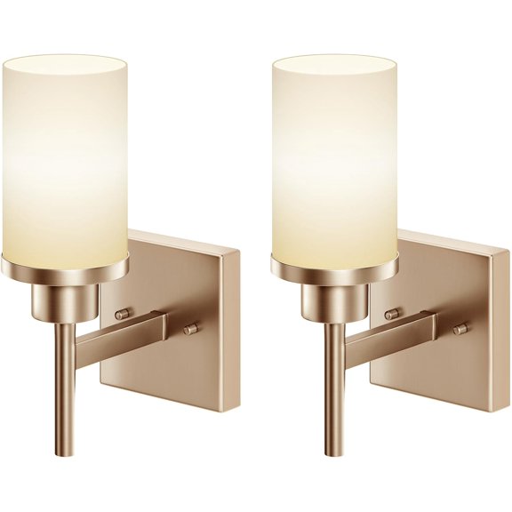 Vanity Lighting Fixtures with White Frosted Glass Shade, Champagne Bronze Wall Lamps for Bathroom Mirror Bedroom Living Room Porch, 2 Pack T001CPG-L1-P2