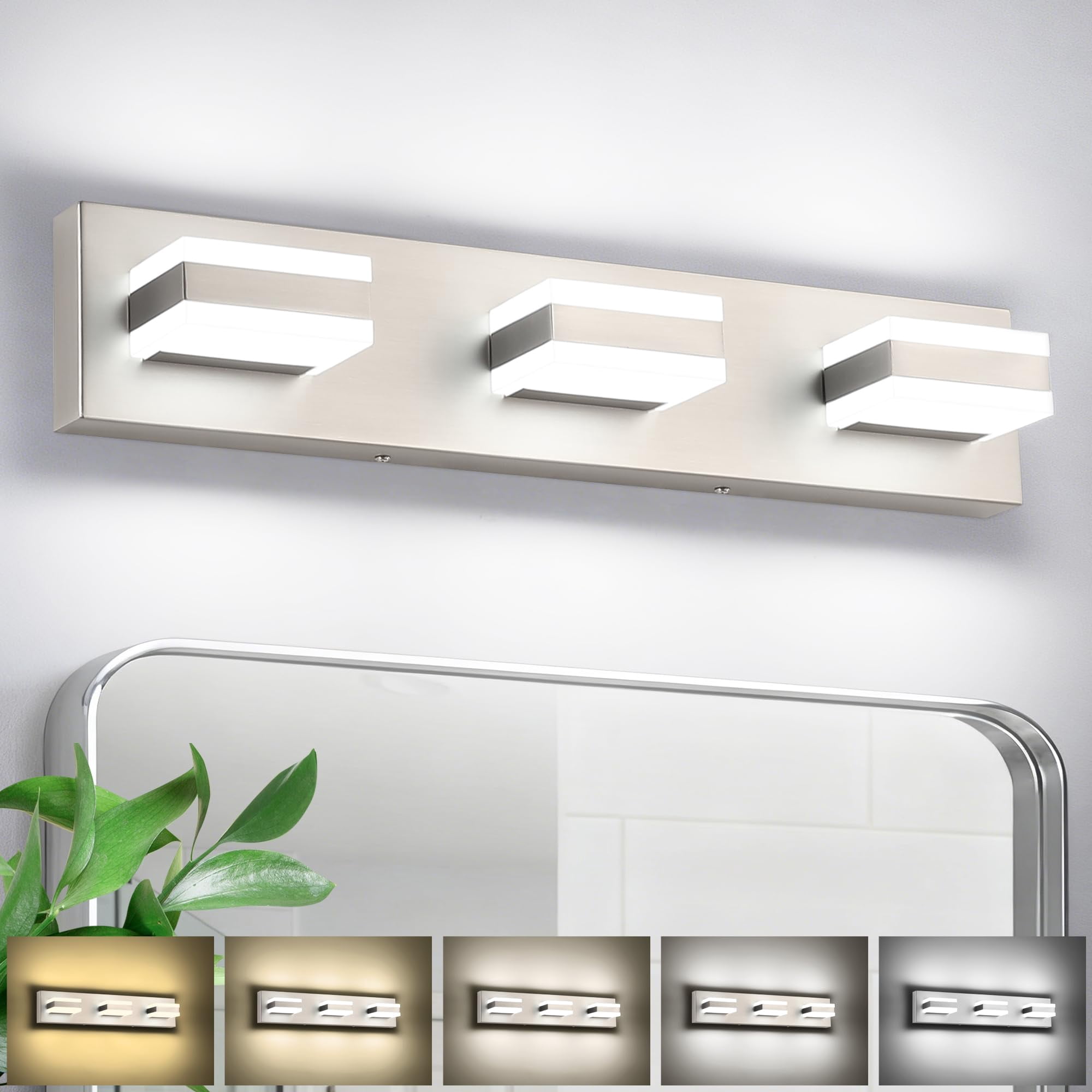 Vanity Lighting Over Mirror  3 Lights Brushed Nickel Bathroom Light Modern Led Fixtures 5 Color Temperature Adjustable For