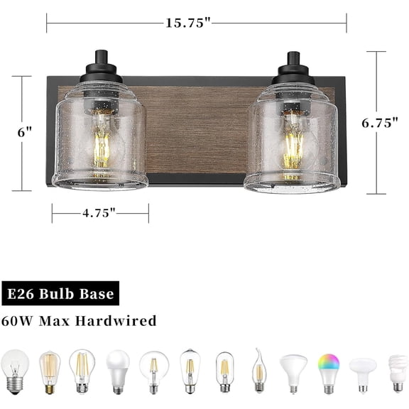 Vanity Lights for Bathroom Large 15.8", Farmhouse Rustic Vanity Light with Bubble Glass Shades, Brown 2 Light Bathroom Lighting Fixtures Over Mirror, Bath Wall Sconce Home Decor
