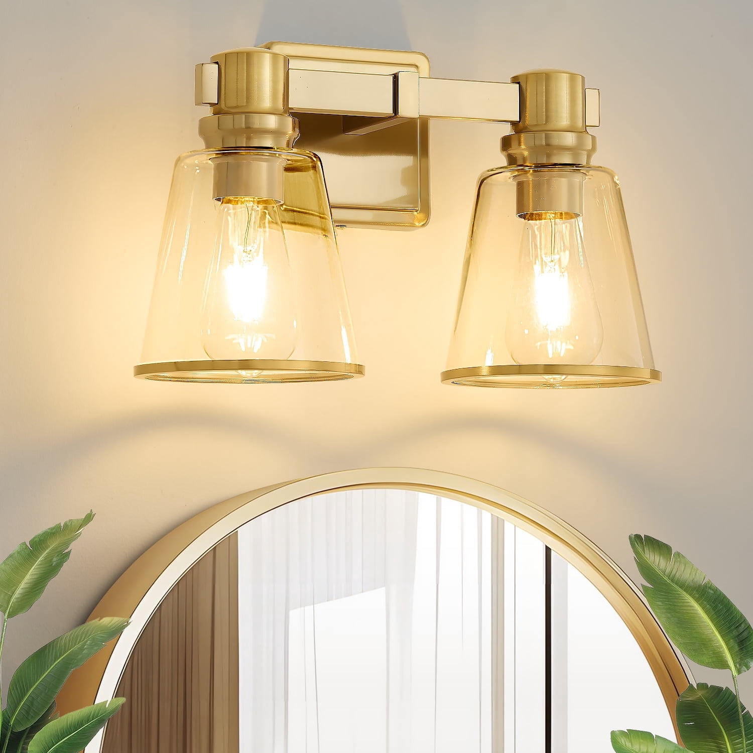 Deyidn 2-Light Gold Mid Century Modern Wall Sconce Vanity Lights with Clear Glass Shades