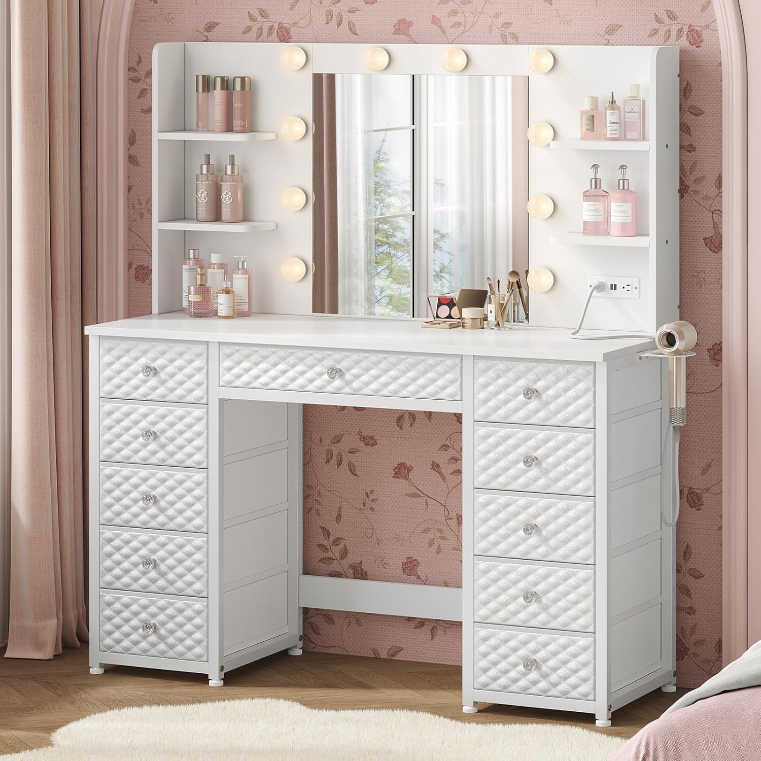 Vanity with Lights and Mirror, 11 Drawer Makeup Vanity with Power Strip ...