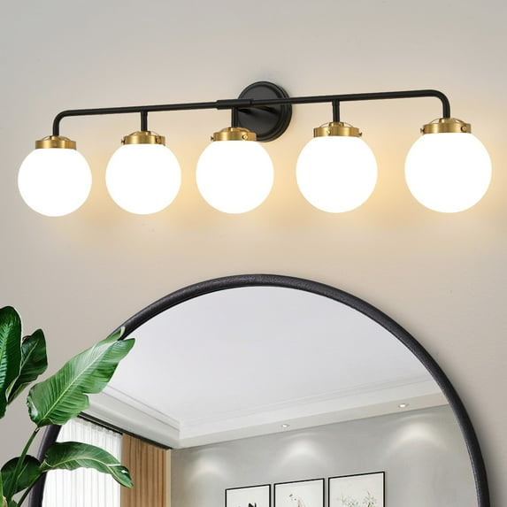 Vanity Lights for Bathroom Black Gold 5-Light Globe Mordern Vanity Light Fixtures Over Mirror with White Globe Shade
