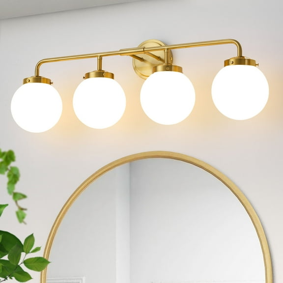 Vanity Lights for Bathroom Gold 4-Light Globe Mordern Vanity Light Fixtures Over Mirror with White Globe Shade