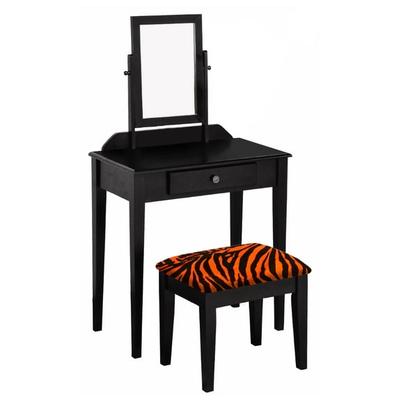 Vanity Make Up Table Black Finish with a Drawer, Adjustable Mirror and Bench Seat Custom Covered in an Animal Print Fabric of Your Choice (Neon Orange and Black Zebra Fleece)
