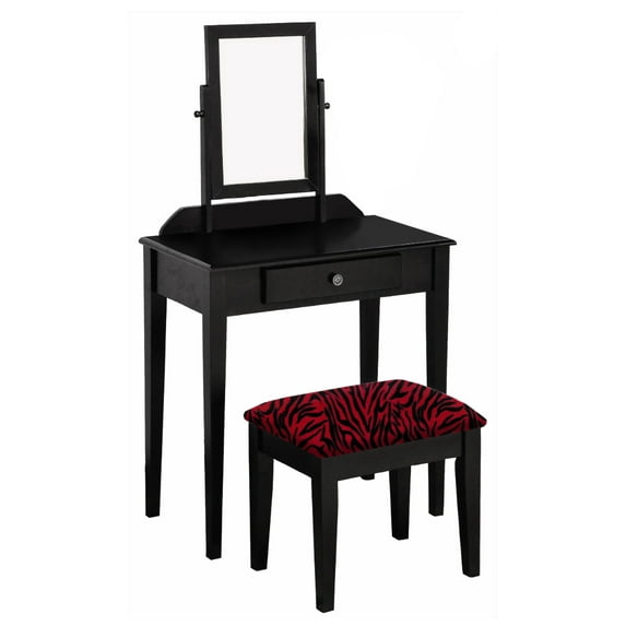 Vanity Make Up Table Black Finish with a Drawer, Adjustable Mirror and Bench Seat Custom Covered in an Animal Print Fabric of Your Choice (Red and Black Zebra Fleece)