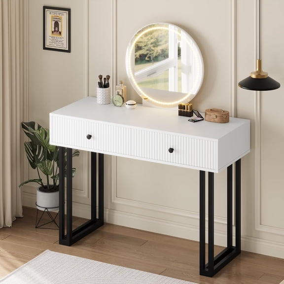 Vanity Makeup Desk with HD Lighted Round Mirror, 40" Small Modern White Vanity Desk with 3 Color LightsAdjustable Brightness, Dressing Table with 2 Drawers, Girls Compact Vanity Desk for Bedroom