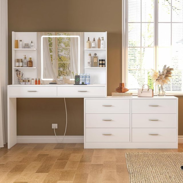 Vanity Makeup Desk with LED Light Mirror & Power Outlet, 8 Drawers, 6