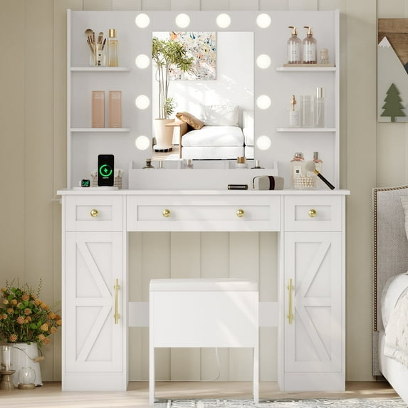 Vanity Makeup Desk with Mirror and Lights, Farmhouse Vanity Table Set with Storage Drawers, Charging Station & Chair, 43" Large Rustic Dressing Table, 3 Lighting Modes for Women Girls Bedroom
