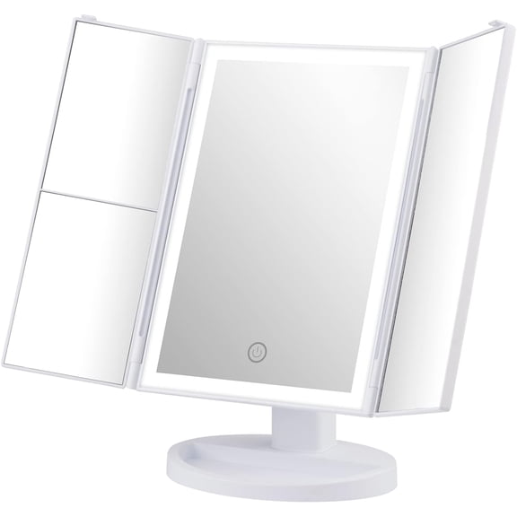 Vanity Makeup Mirror with 3X/2X/1X Magnification, Trifold Table Mirror with 32 LED Lights, Travel Mirror with Touch Screen, 360 Rotation, Two Power Supply, Gift for Women, White