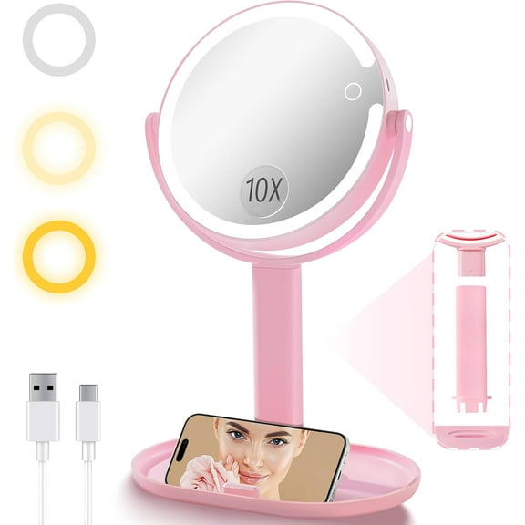 Vanity Makeup Mirror with Lights, 10X/1X Double Sided Magnifying Light up Desk Mirror with Stand Cosmetic Organizer, 3 Color Brightness Adjustable 360 Rotation Detachable for Travel
