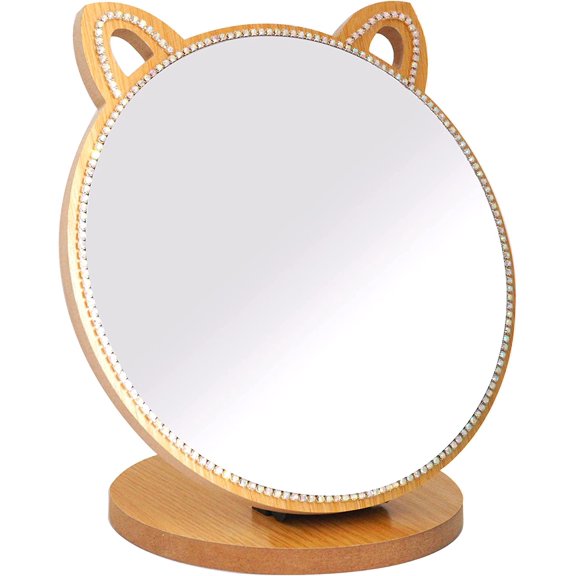 Vanity Makeup Mirror with Crystal Rhinestone Girls Desk/Tabletop Mirror Cute cat Shape for Counter top in Bedroom/Bathroom (6.7")