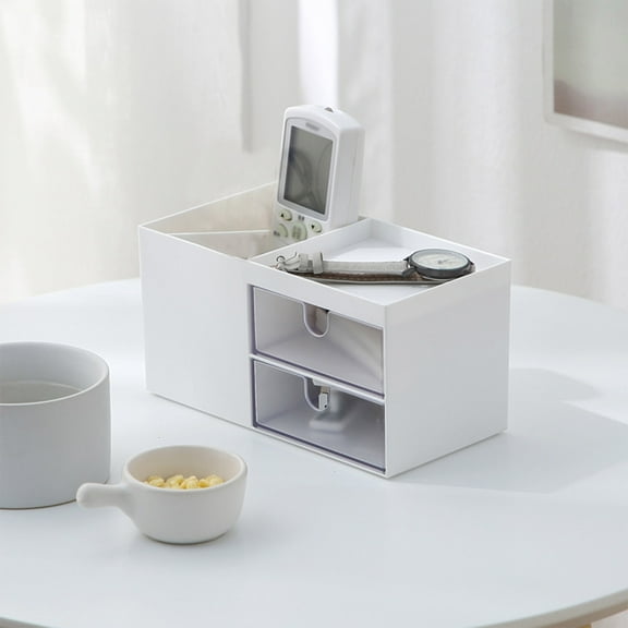 Vanity Makeup Organizer,Mini Desk Storage for Office Supplies, Cosmetic Makeup Vanity Organizer Box,Multi-Functional Pencil Pen Holder with 2 Drawer&Compartments,Applicable to Home,Office,Dormitory.