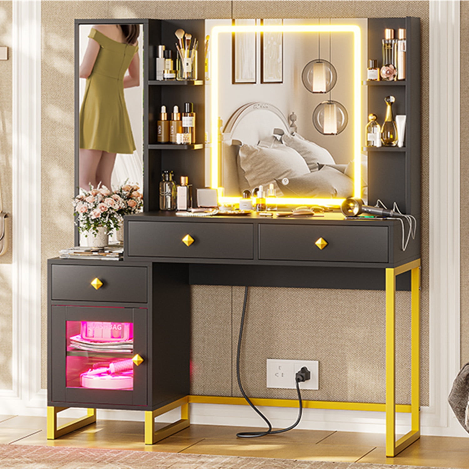 Vanity Makeup Table with Jewelry Armoire & Full Length Mirror, Vanity