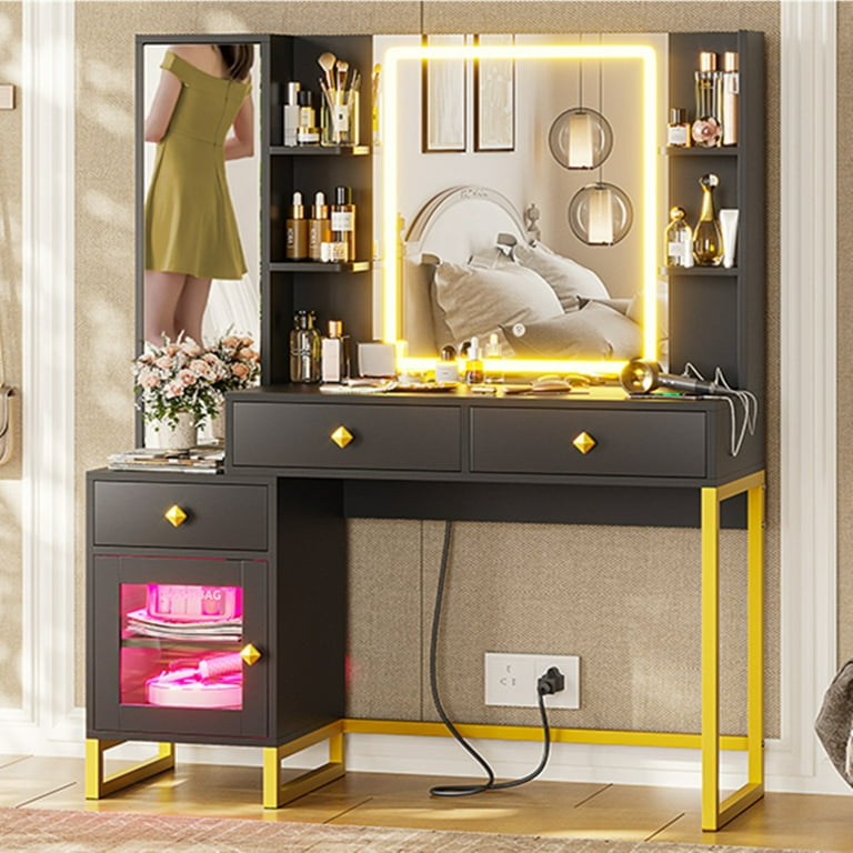 Vanity Makeup Table with Jewelry Armoire Full Length Mirror Vanity Desk with Lights Charging Station with Drawers Shelves Black