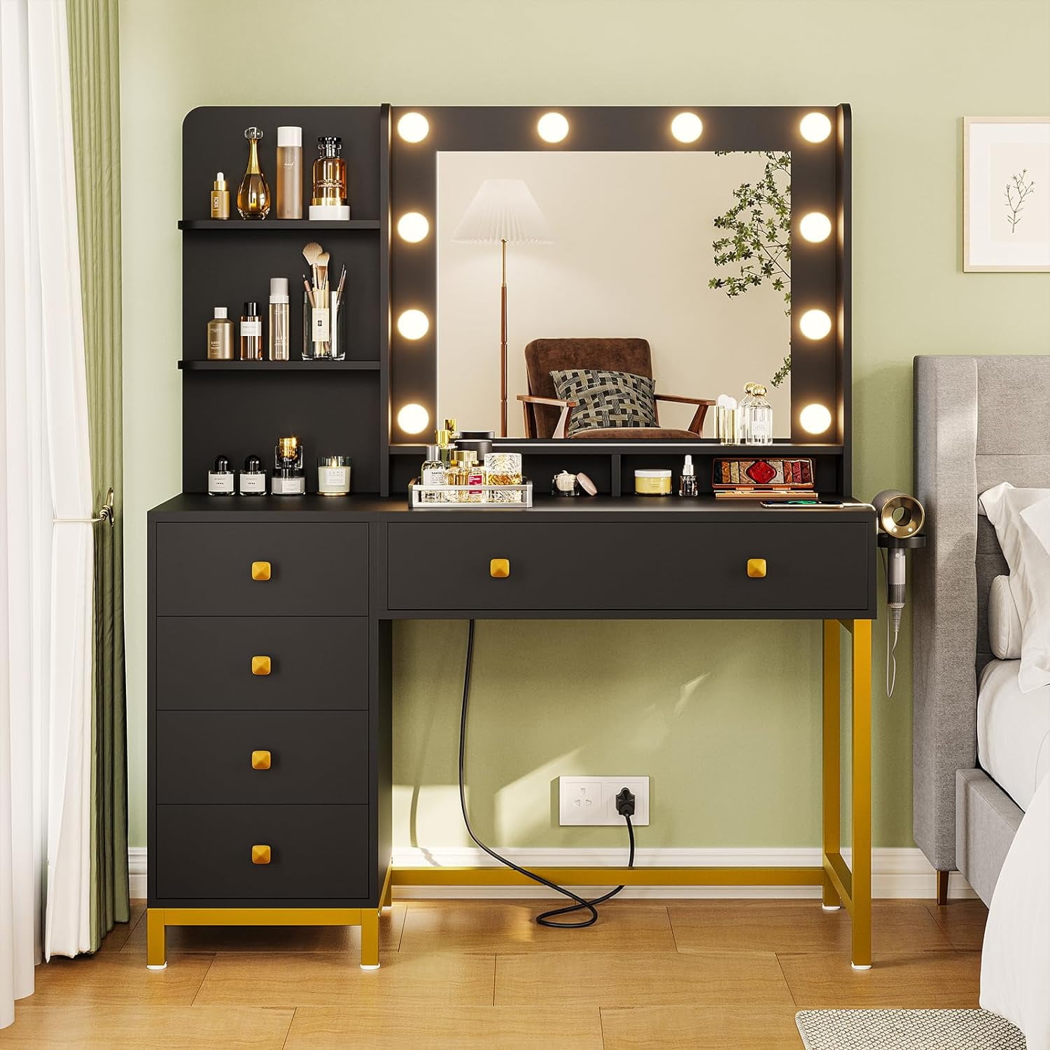 Vanity Makeup Table with Large Mirror and LED Lights, Brightness 